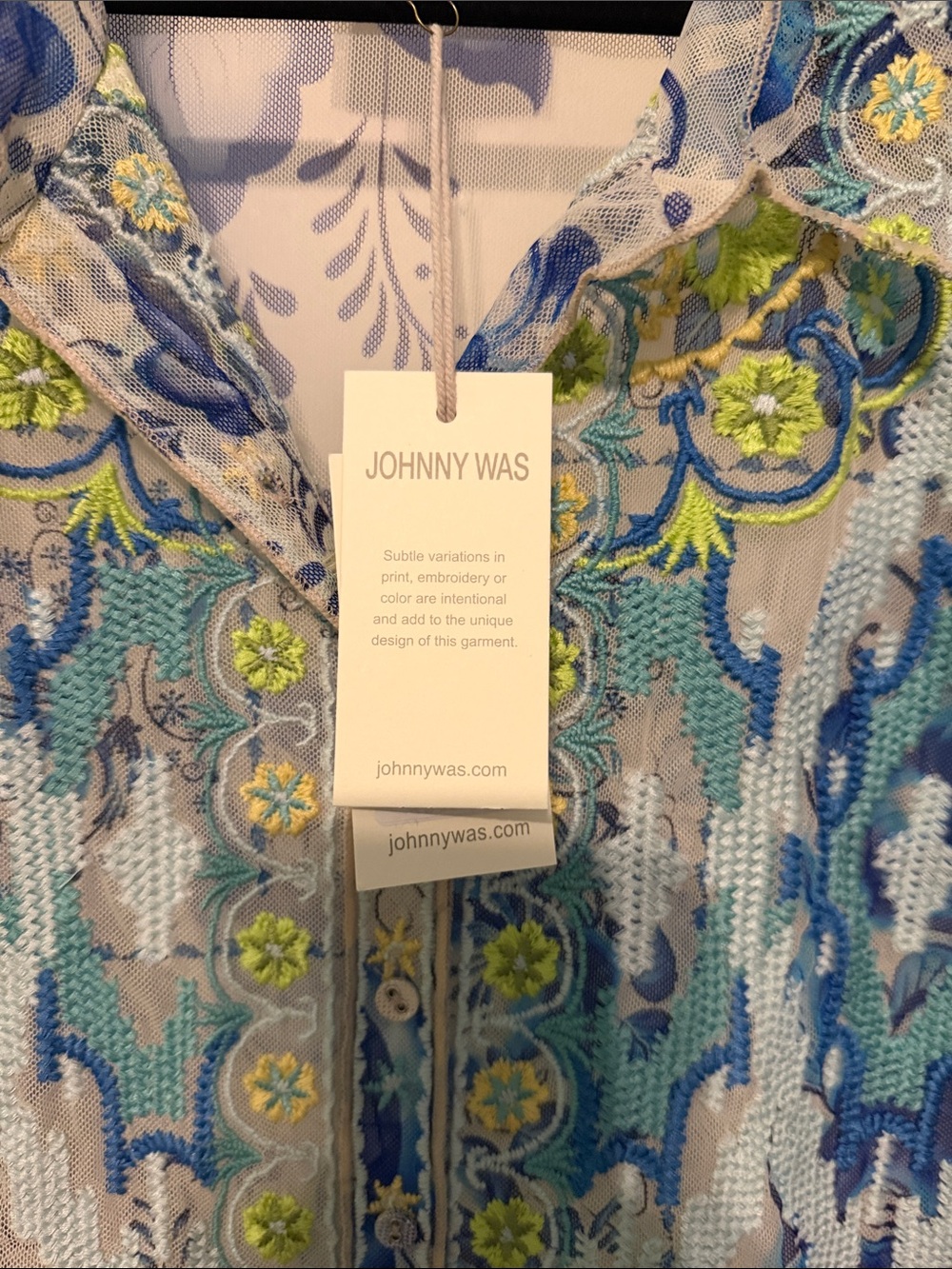 Johnny Was Sheer Blue Floral Embroidered Button-Down Shirt - Picture 10 of 10